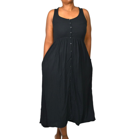 Frye Easy Button Front Dress Black Midi Minimalist Tank Jersey Pockets Rayon XS - Picture 13 of 16